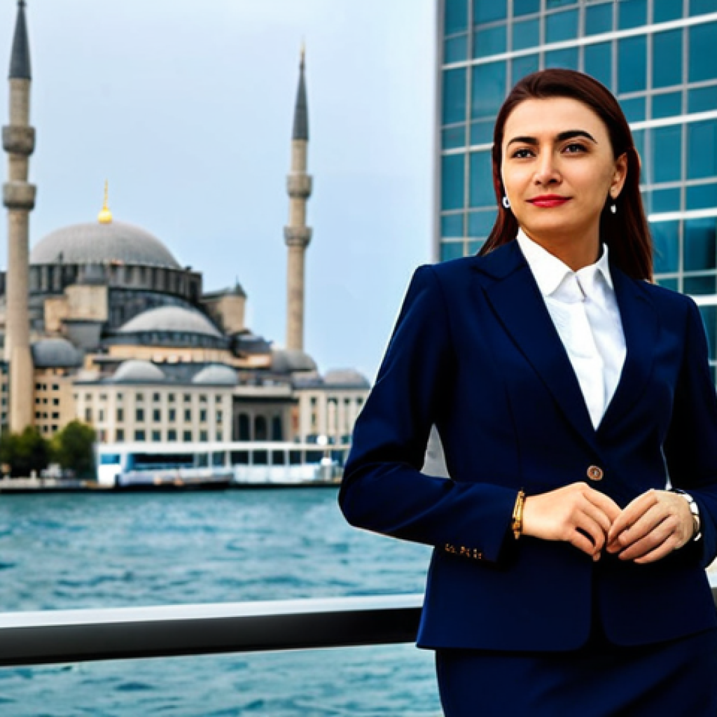 **
"A professional businesswoman in Istanbul, fully clothed in a stylish but modest business suit, standing in front of a modern office building with the Bosphorus in the background. Appropriate attire, safe for work, perfect anatomy, natural proportions, professional photography, high quality, family-friendly."
**