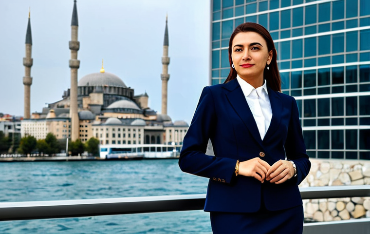 **
"A professional businesswoman in Istanbul, fully clothed in a stylish but modest business suit, standing in front of a modern office building with the Bosphorus in the background. Appropriate attire, safe for work, perfect anatomy, natural proportions, professional photography, high quality, family-friendly."
**
