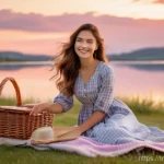 BB 세일즈 프로세스 개선을 위한 데이터 분석 활용법 - A serene outdoor scene featuring a young woman (around 20 years old) enjoying a picnic by a calm lak...