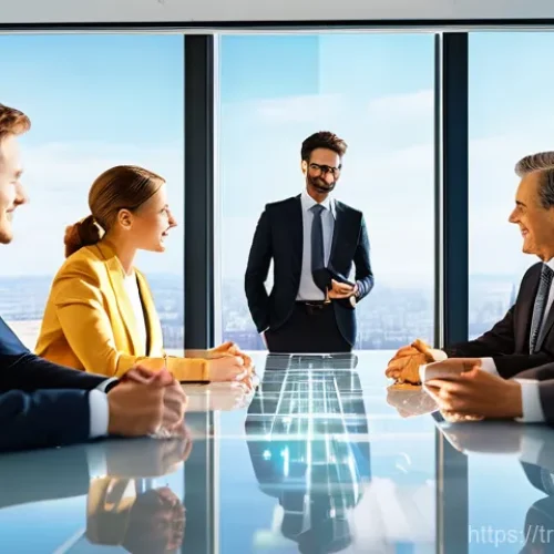 Home 21 BB 세일즈 프로세스 개선을 위한 고객 사례 활용 - **Prompt:** A diverse group of five business professionals (three women, two men, of varying ages an...