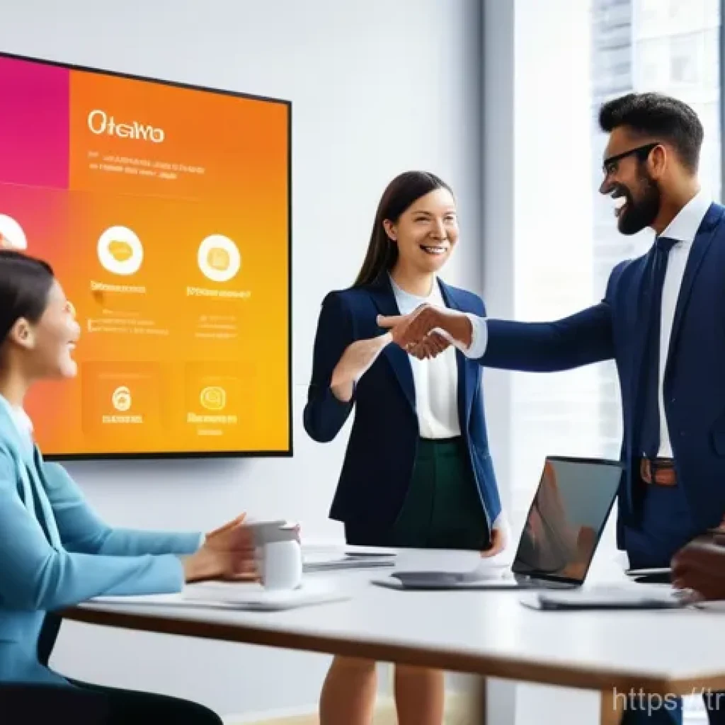 BB 세일즈 프로세스 개선을 위한 마케팅 연계 전략 - **Marketing and Sales Synergy:** A vibrant, modern office environment with diverse business professi...