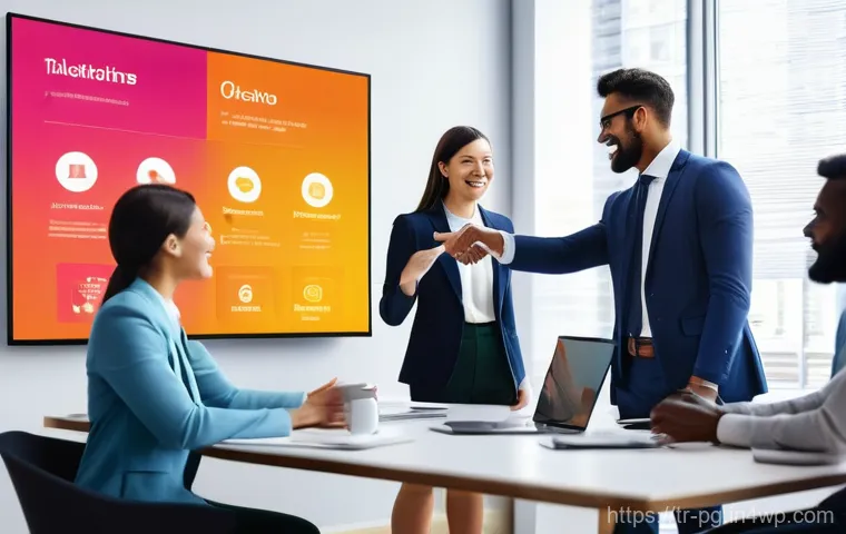 BB 세일즈 프로세스 개선을 위한 마케팅 연계 전략 - **Marketing and Sales Synergy:** A vibrant, modern office environment with diverse business professi...